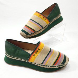 Tory Burch Women Shoes Sz 9.5 Multicolor Daisy Espadrilles Green Striped Slip-On